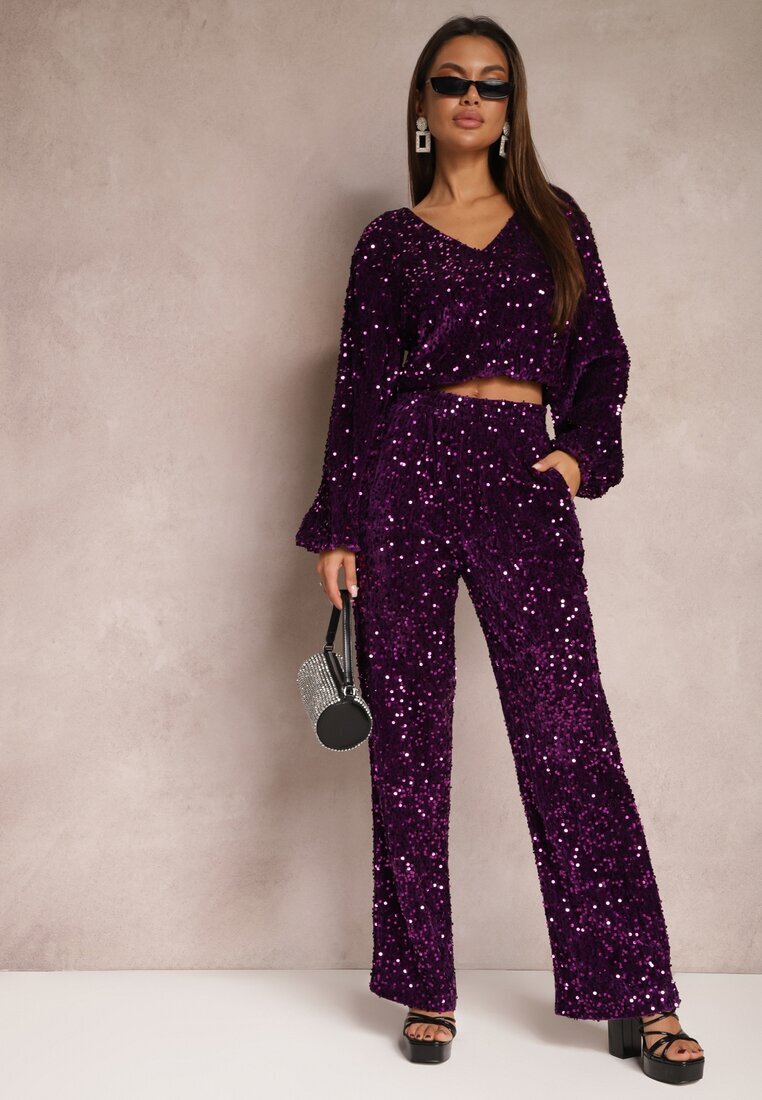 retro & icone Pantaloni amprii mov cu paiete din velur Naress