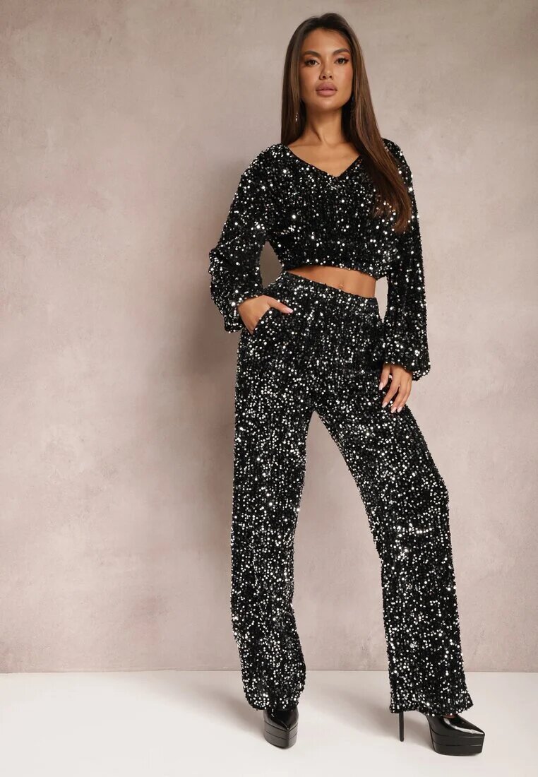 retro & icone Pantaloni Argintii Largi cu paiete din velur Naress