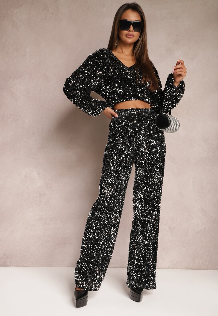 retro & icone Pantaloni Argintii Largi cu paiete din velur Naress