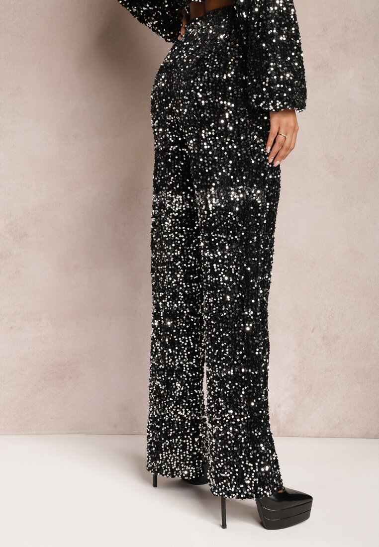 retro & icone Pantaloni Argintii Largi cu paiete din velur Naress