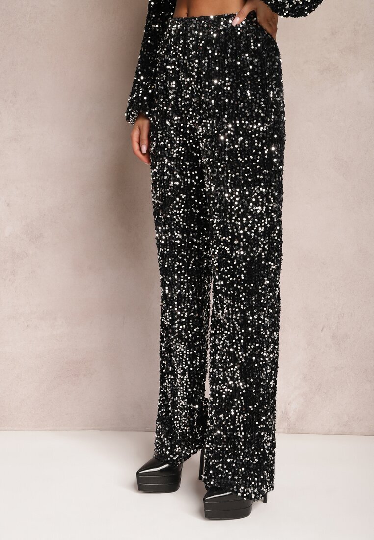 retro & icone Pantaloni Argintii Largi cu paiete din velur Naress