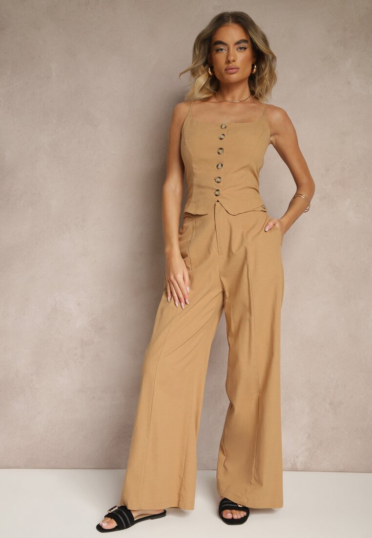 retro & icone Pantaloni Bej închis cu bumbac și viscoză cu croială largă cu imitație de buzunare Divlene