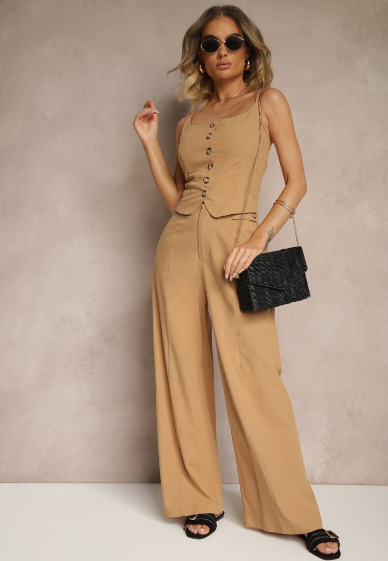retro & icone Pantaloni Bej închis cu bumbac și viscoză cu croială largă cu imitație de buzunare Divlene