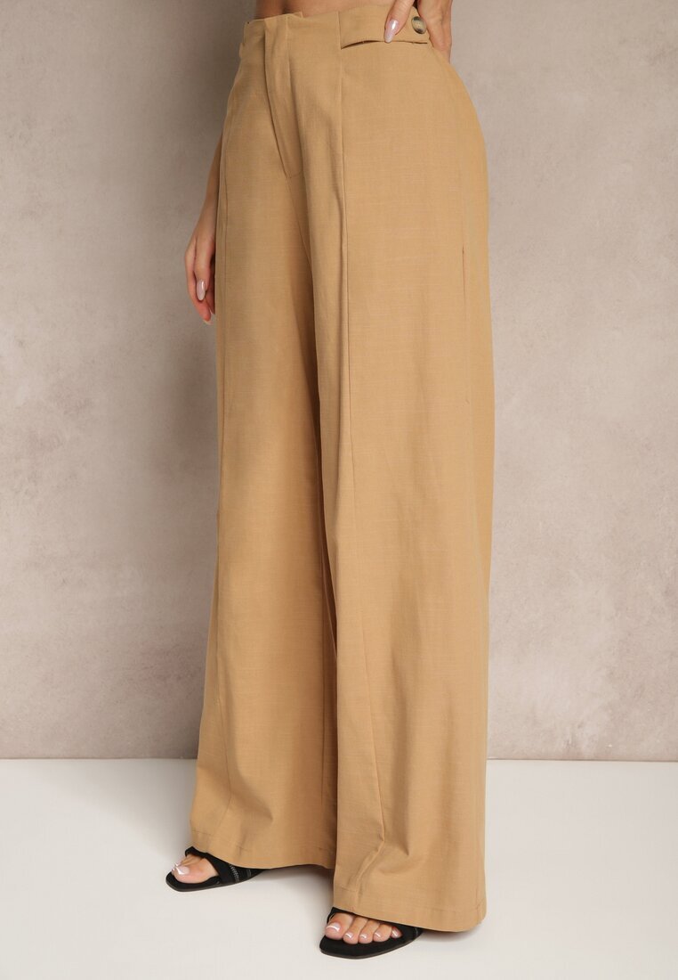 retro & icone Pantaloni Bej închis cu bumbac și viscoză cu croială largă cu imitație de buzunare Divlene