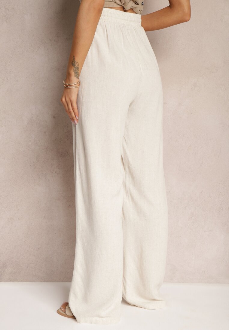 retro & icone Pantaloni Bej Largi din Viscoză cu Adaos de In Delsira