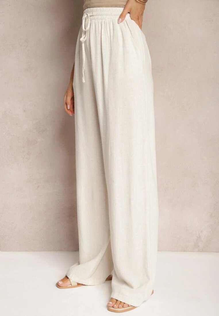 retro & icone Pantaloni Bej Largi din Viscoză cu Adaos de In Delsira