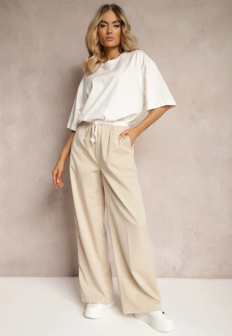 retro & icone Pantaloni din material textil bej deschis cu picioare largi talie înaltă cu elastic în talie Comina