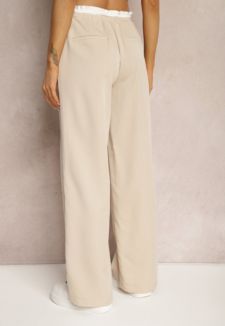 retro & icone Pantaloni din material textil bej deschis cu picioare largi talie înaltă cu elastic în talie Comina