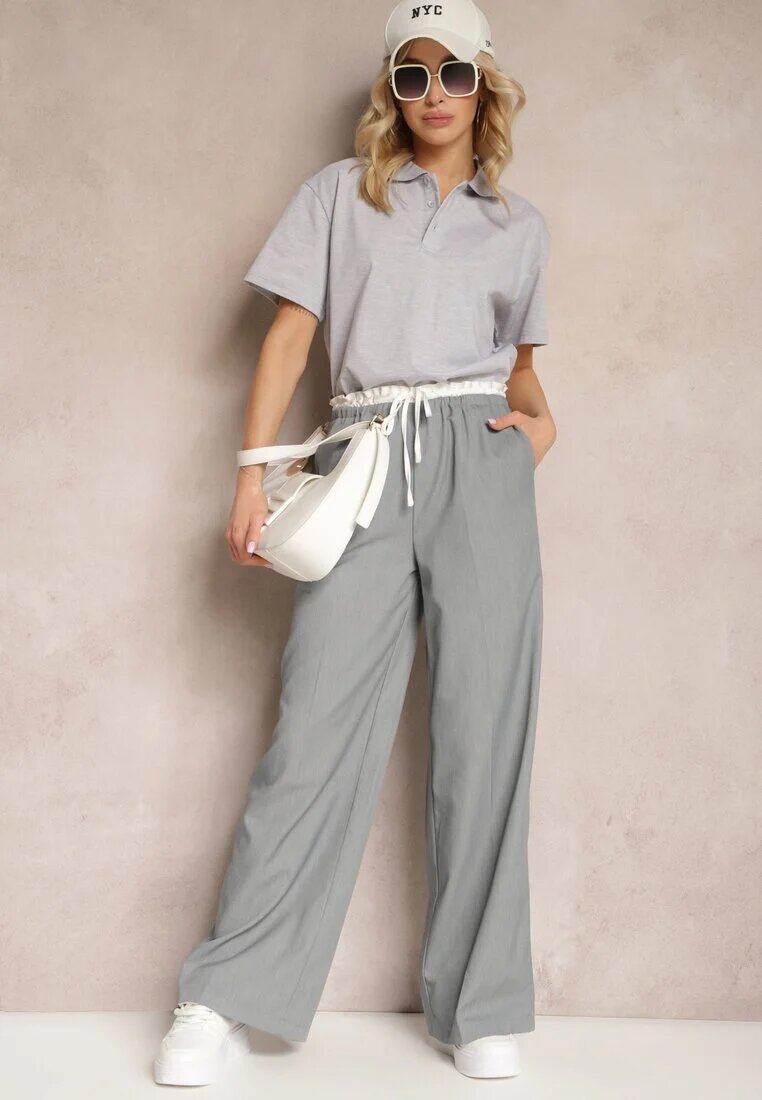 retro & icone Pantaloni Gri Din material textil Cu picioare largi High Waist Cu elastic în talie Comina