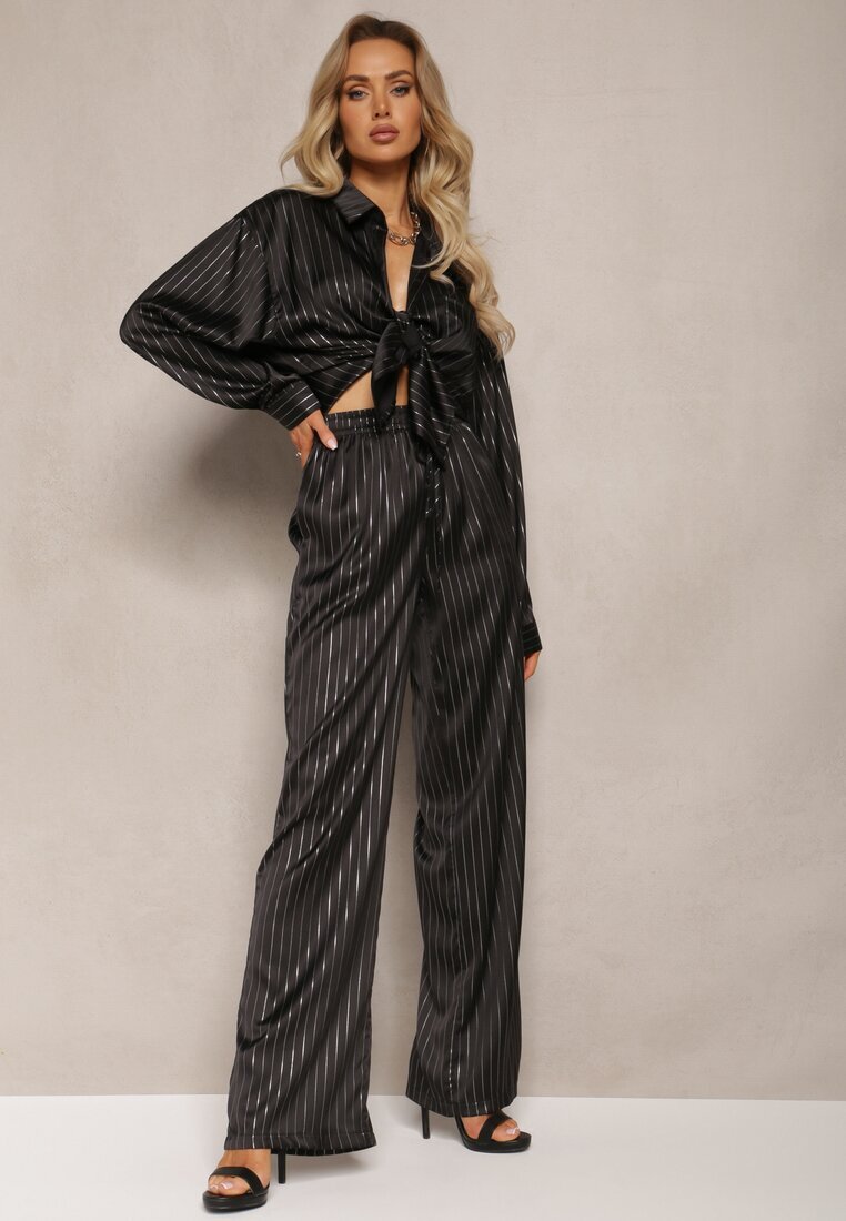 retro & icone Pantaloni Larghi Negri cu Elastic în Talie și Model Lucios în Dungi Zoyama