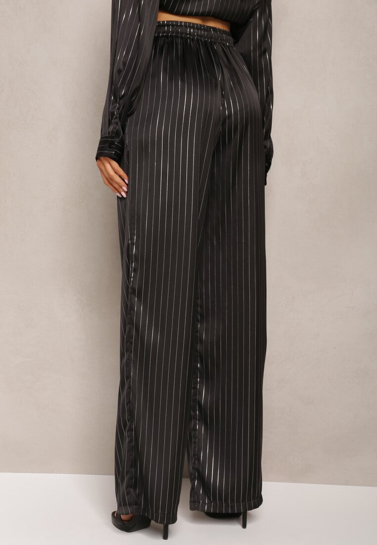 retro & icone Pantaloni Larghi Negri cu Elastic în Talie și Model Lucios în Dungi Zoyama
