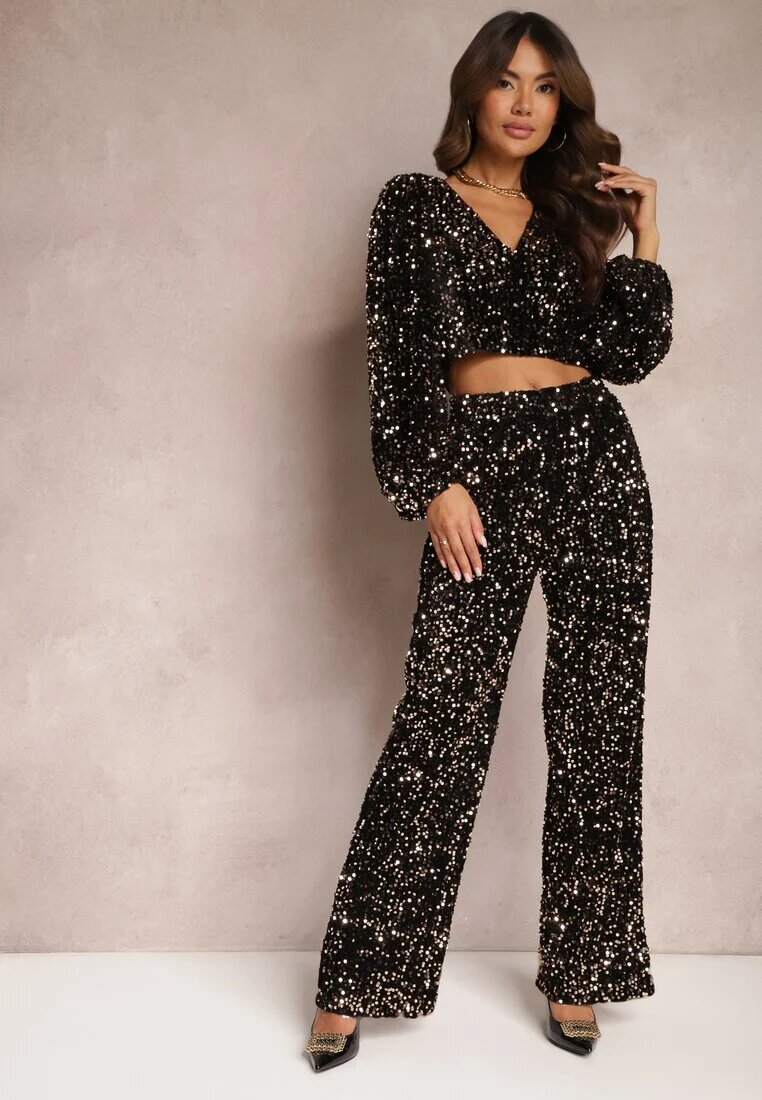 retro & icone Pantaloni Largi Aurii cu Paiete din Țesătură de Velur Naress