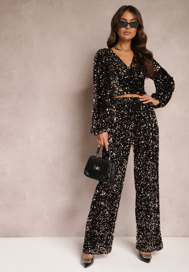 retro & icone Pantaloni Largi Aurii cu Paiete din Țesătură de Velur Naress