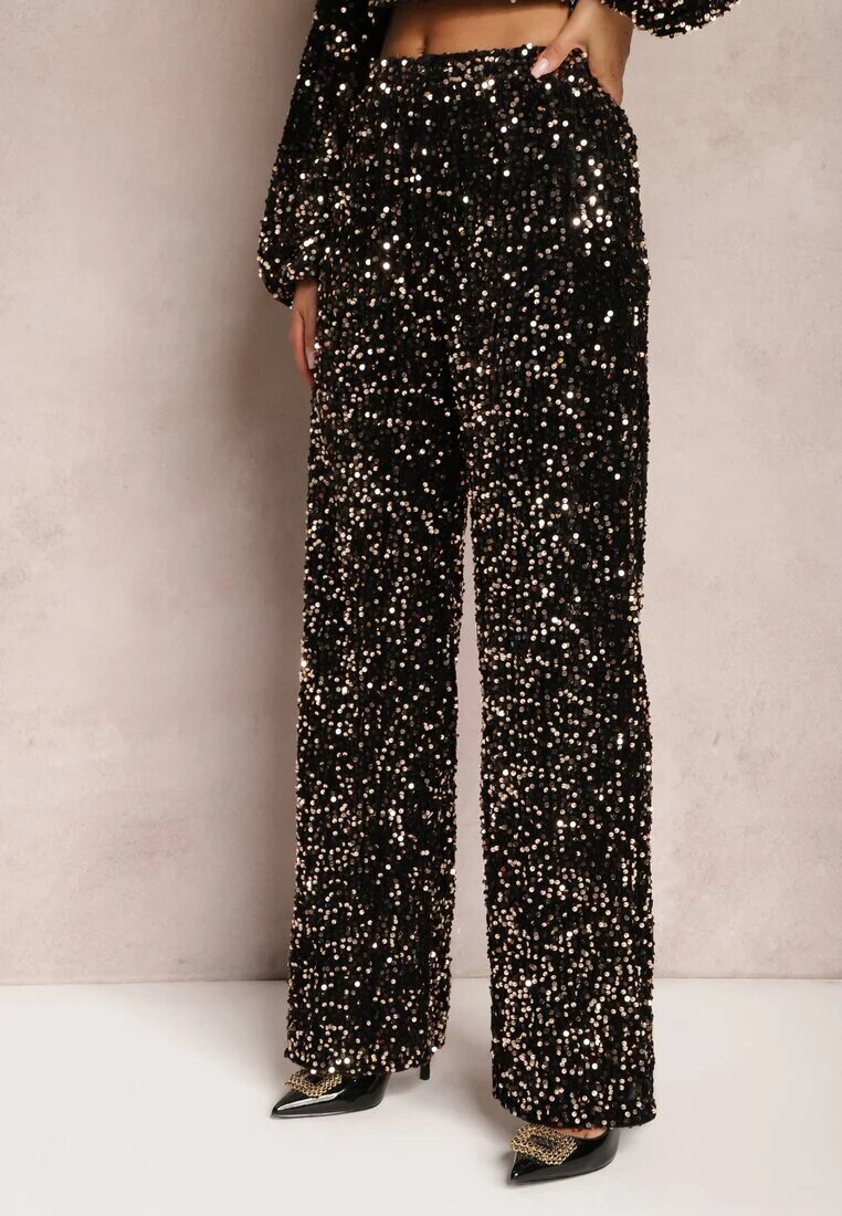 retro & icone Pantaloni Largi Aurii cu Paiete din Țesătură de Velur Naress