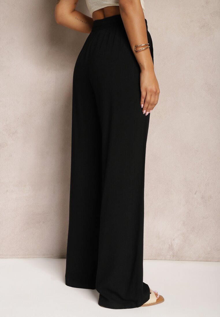 retro & icone Pantaloni largi negri din viscoză cu adaos de in Delsira