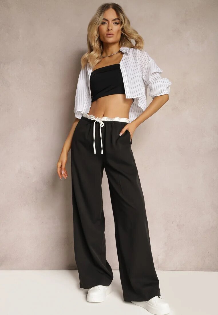 retro & icone Pantaloni Negri din material cu picioare largi High Waist cu elastic în talie Comina