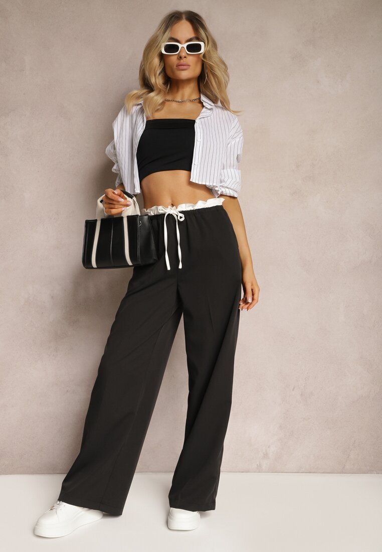 retro & icone Pantaloni Negri din material cu picioare largi High Waist cu elastic în talie Comina