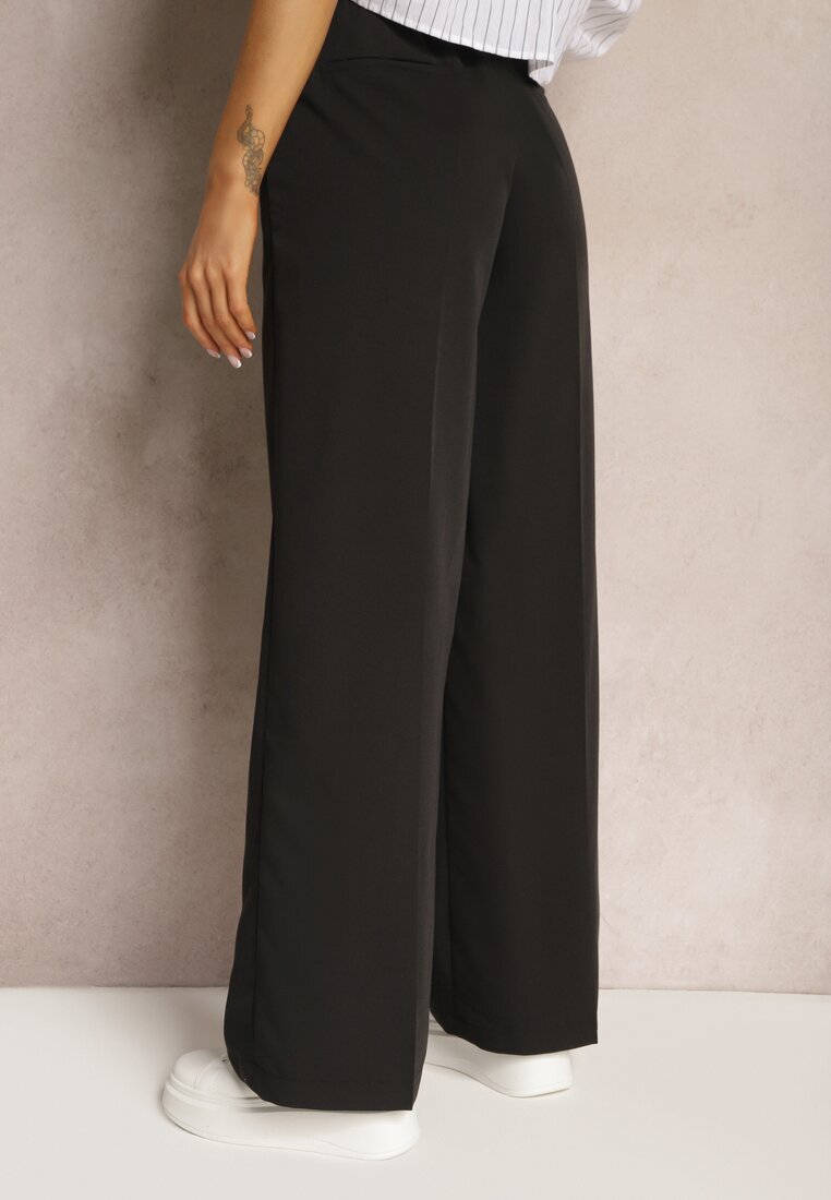 retro & icone Pantaloni Negri din material cu picioare largi High Waist cu elastic în talie Comina