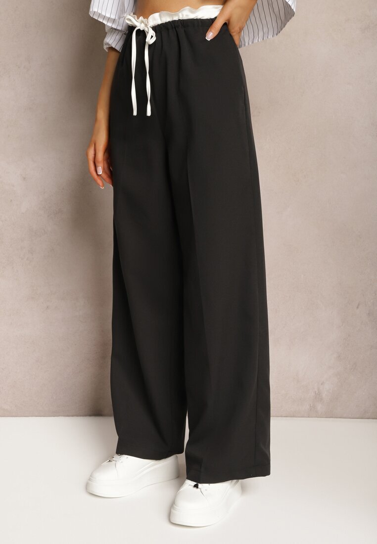 retro & icone Pantaloni Negri din material cu picioare largi High Waist cu elastic în talie Comina
