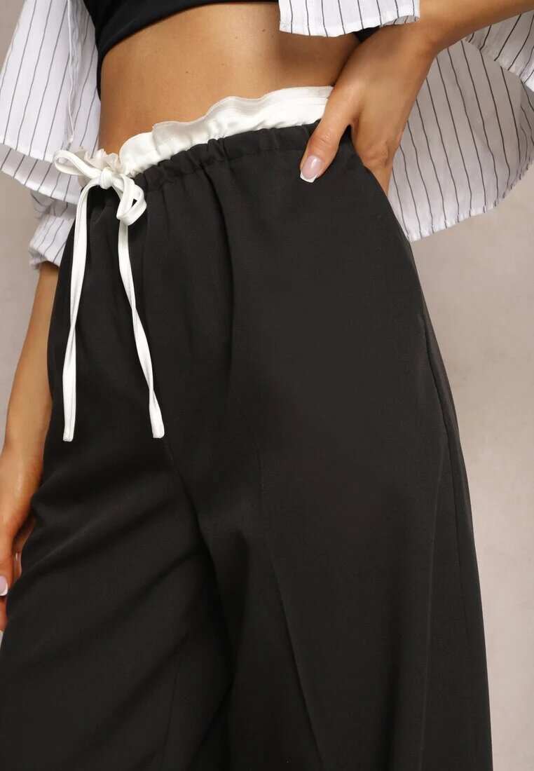 retro & icone Pantaloni Negri din material cu picioare largi High Waist cu elastic în talie Comina