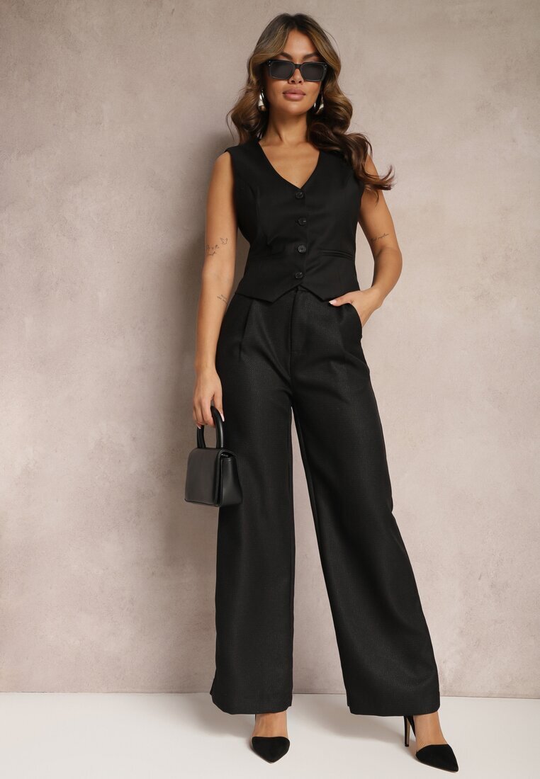retro & icone Pantaloni Negri Largi Cu Talie Înaltă Cusute Cu Fir Metalic Silvaine