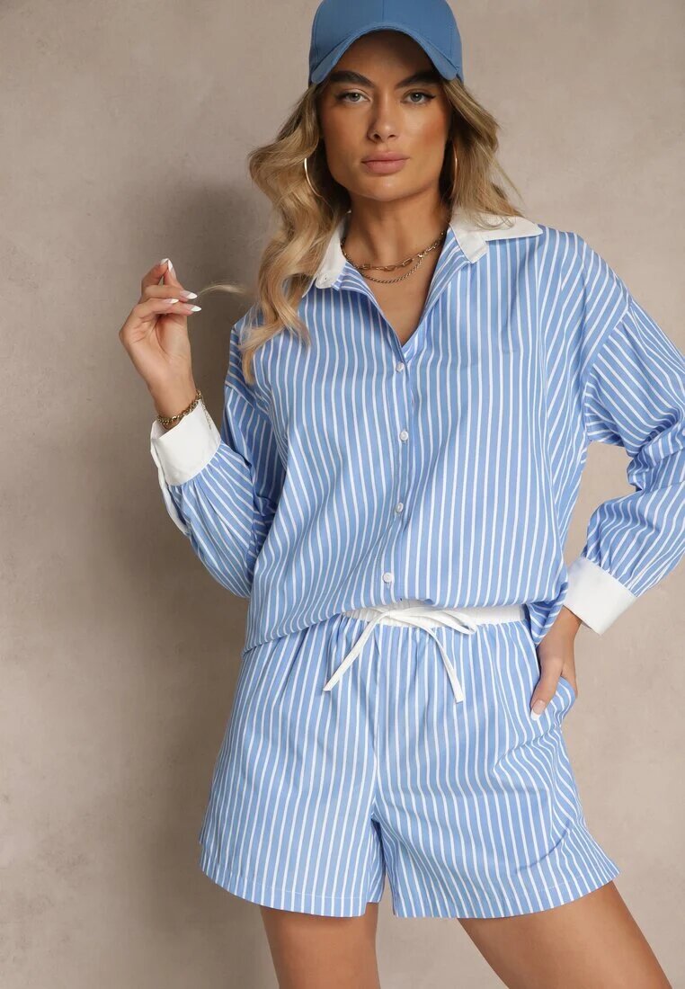 retro & icone Pantaloni scurți albaștri Talie înaltă Decorați cu șnururi și curele Kinthea
