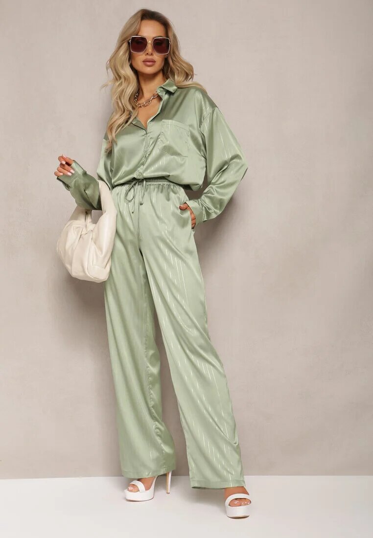 retro & icone Pantaloni Verzi Largi cu elastic în talie și model lucios în dungi Zoyama