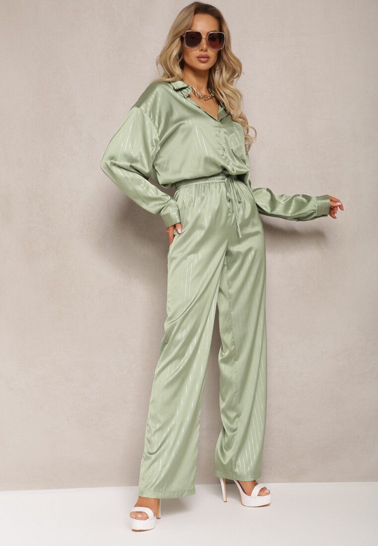retro & icone Pantaloni Verzi Largi cu elastic în talie și model lucios în dungi Zoyama