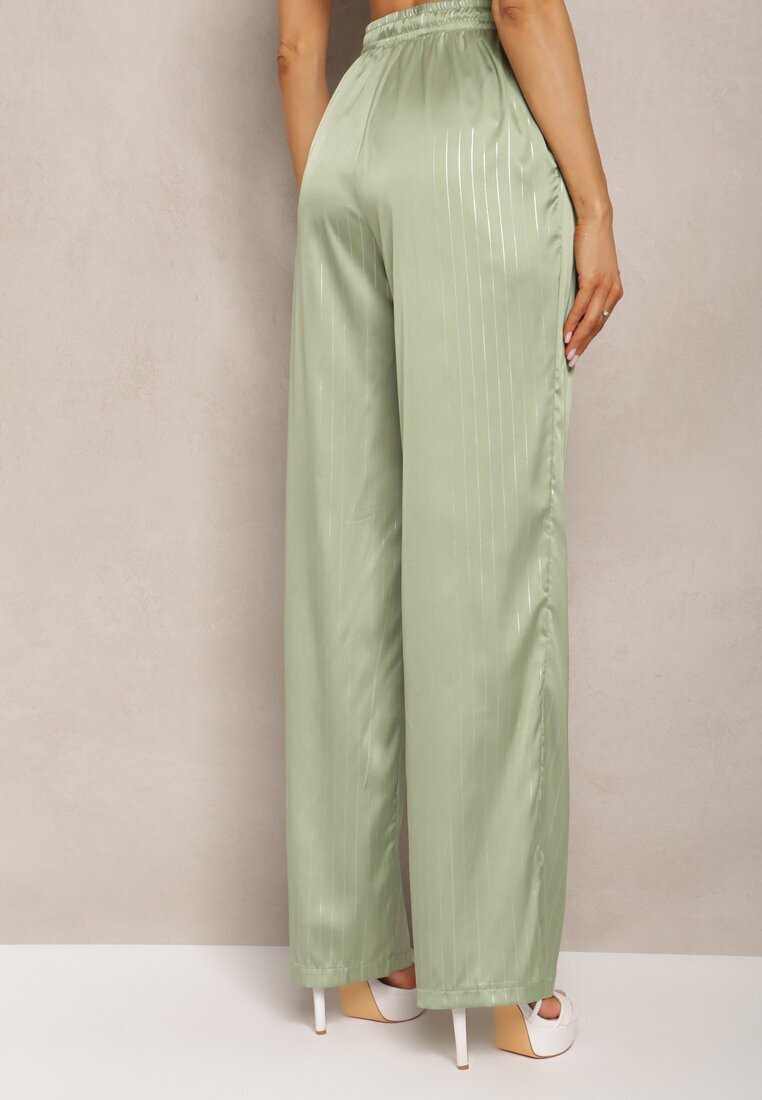 retro & icone Pantaloni Verzi Largi cu elastic în talie și model lucios în dungi Zoyama