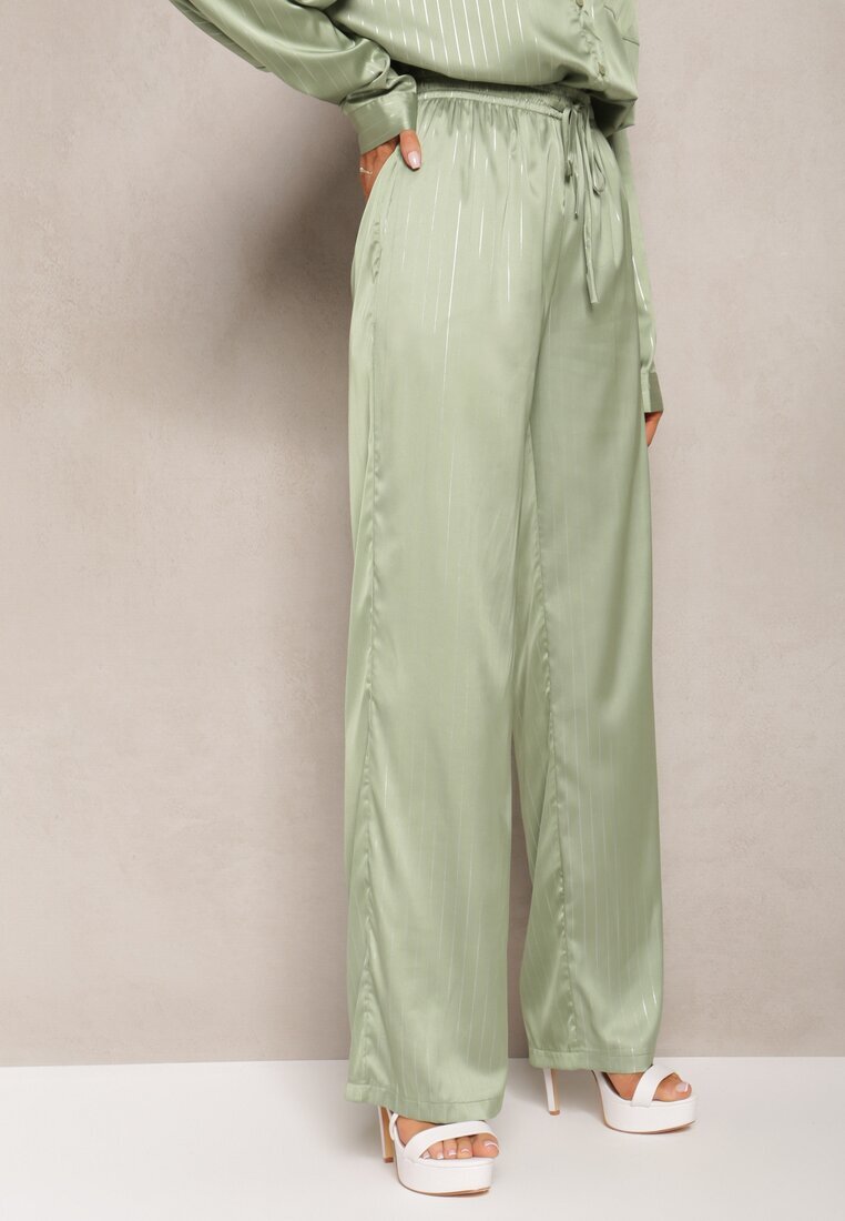 retro & icone Pantaloni Verzi Largi cu elastic în talie și model lucios în dungi Zoyama