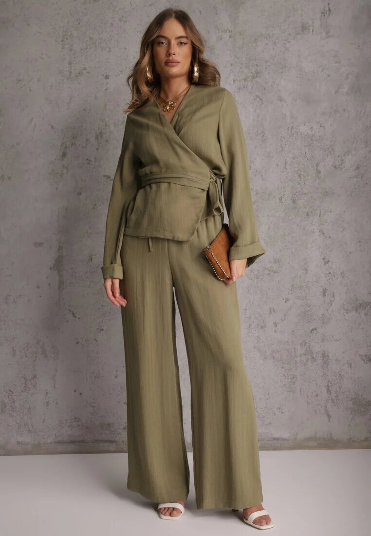 retro & icone Pantaloni Verzi Wide Leg High Waist din Viscoză Terilină