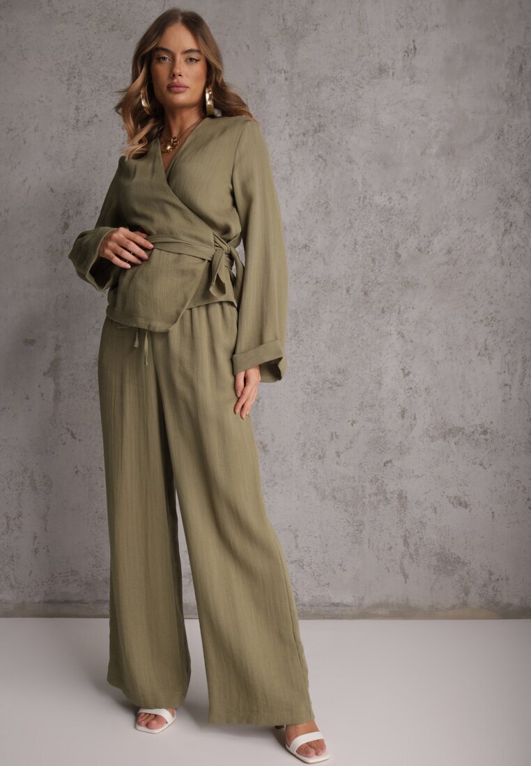 retro & icone Pantaloni Verzi Wide Leg High Waist din Viscoză Terilină