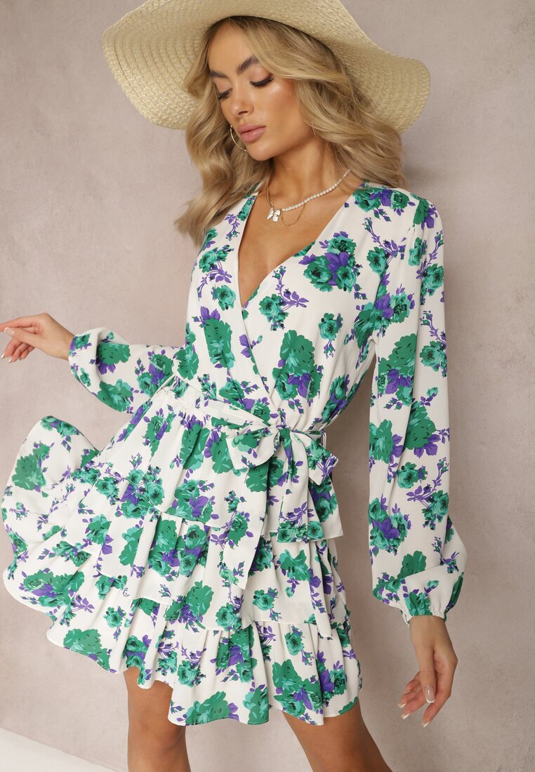 retro & icone Rochie Alb-Verde Evazată Petrecută cu Volane și Curea din Material cu Imprimeu Floral Voliesa