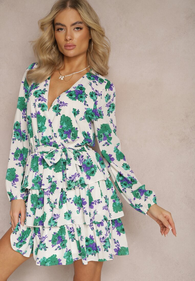 retro & icone Rochie Alb-Verde Evazată Petrecută cu Volane și Curea din Material cu Imprimeu Floral Voliesa