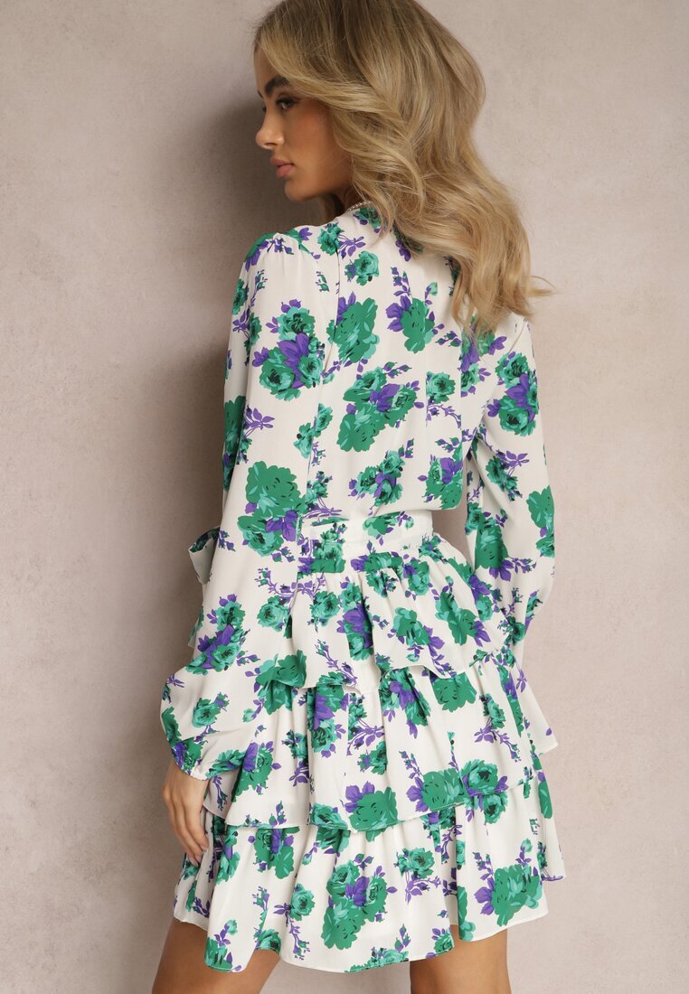 retro & icone Rochie Alb-Verde Evazată Petrecută cu Volane și Curea din Material cu Imprimeu Floral Voliesa