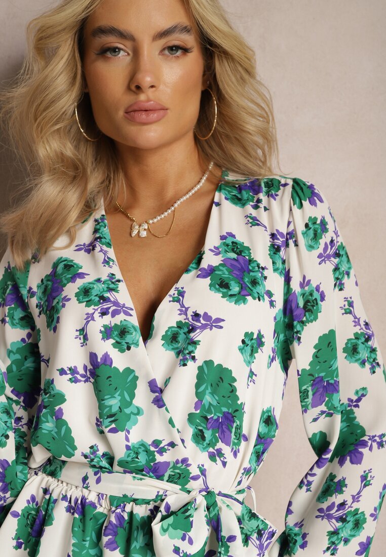 retro & icone Rochie Alb-Verde Evazată Petrecută cu Volane și Curea din Material cu Imprimeu Floral Voliesa
