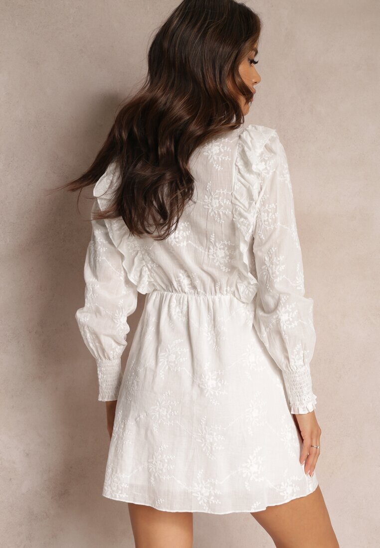 retro & icone Rochie Albă Brodată cu Elastic în Talie și Volane Caceida