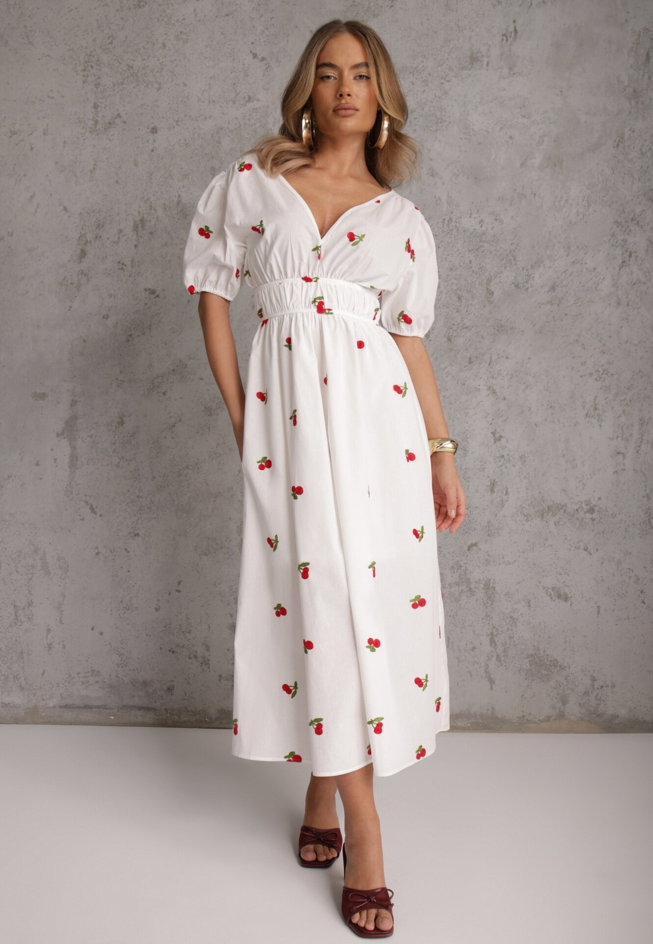retro & icone Rochie Albă Cloș De cocktail din bumbac cu elastic în talie și broderie cu cireșe Vimasina