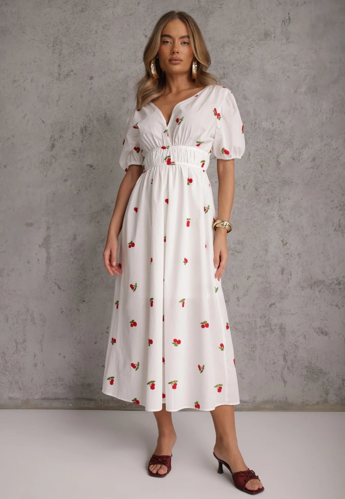 retro & icone Rochie Albă Cloș De cocktail din bumbac cu elastic în talie și broderie cu cireșe Vimasina