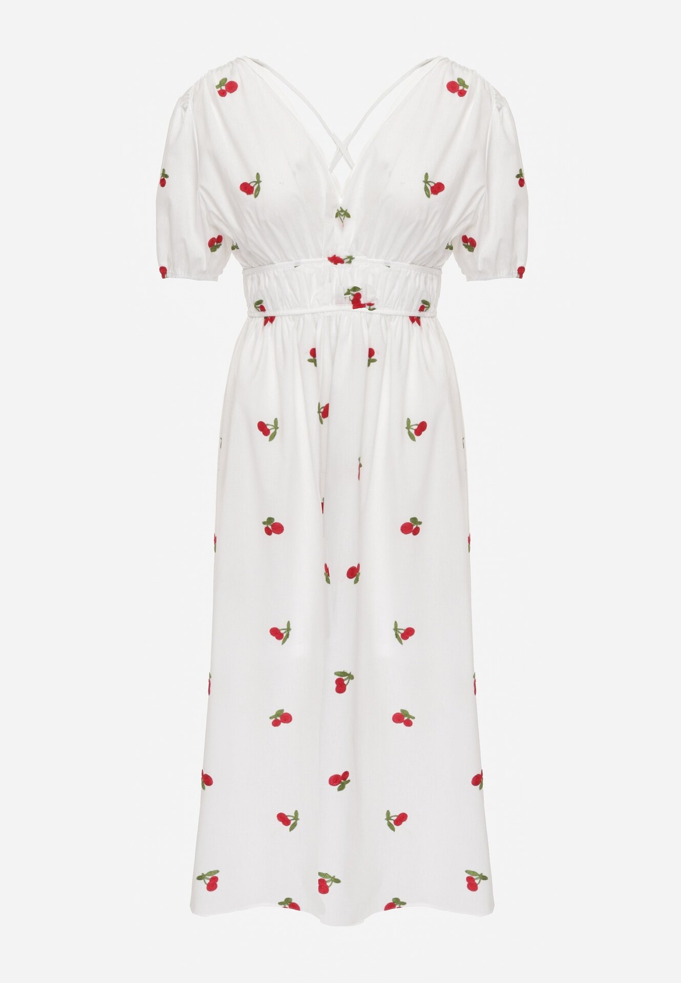 retro & icone Rochie Albă Cloș De cocktail din bumbac cu elastic în talie și broderie cu cireșe Vimasina