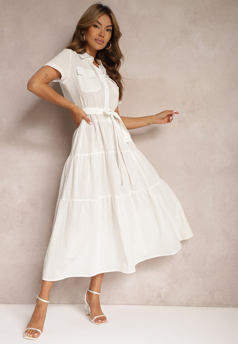 retro & icone Rochie albă cloș din bumbac stil cămașă cu cordon în talie Arosofia