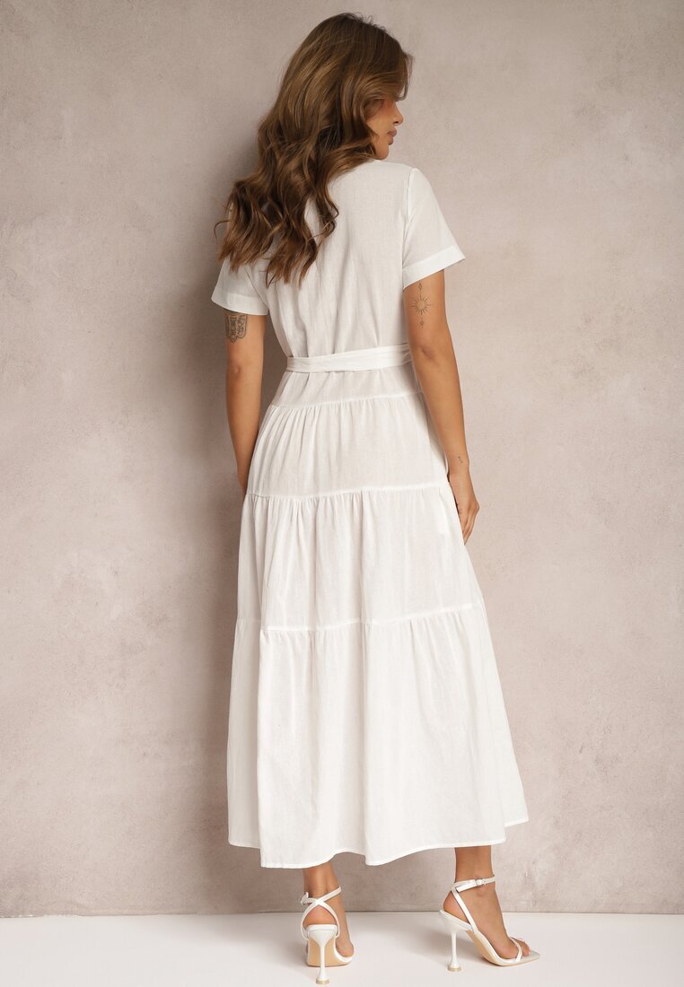 retro & icone Rochie albă cloș din bumbac stil cămașă cu cordon în talie Arosofia