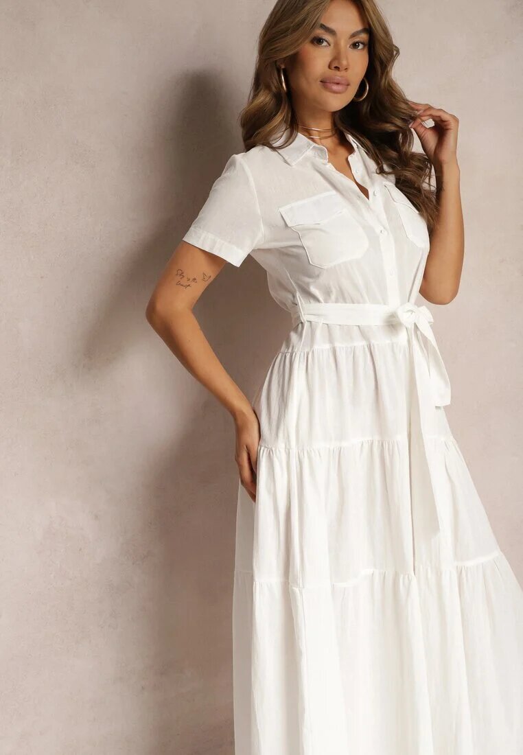 retro & icone Rochie albă cloș din bumbac stil cămașă cu cordon în talie Arosofia