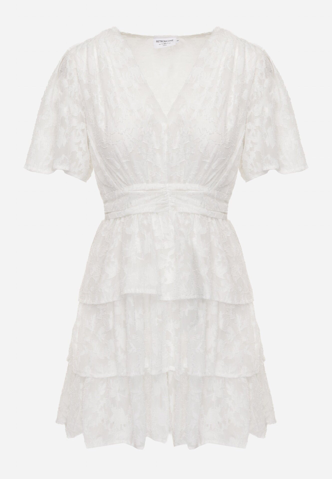 retro & icone Rochie Albă cu croială cloș cu decolteu în V și volane Drapia