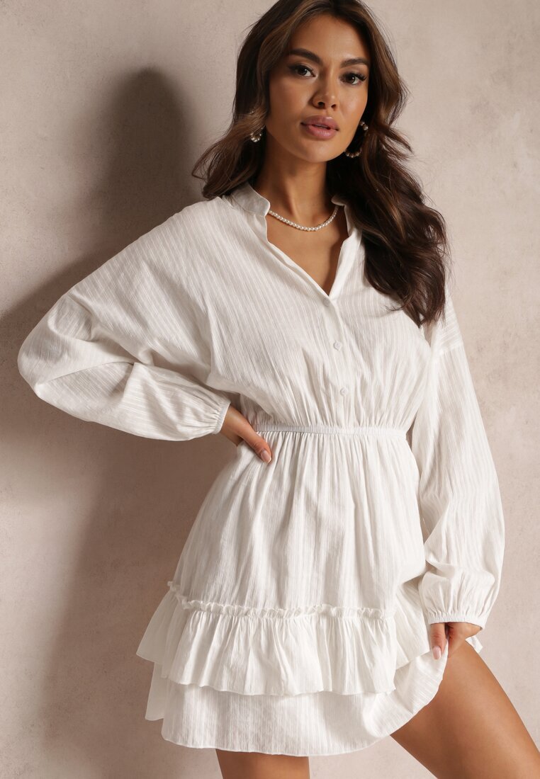 retro & icone Rochie Albă cu Elastic în talie și Volan Amee
