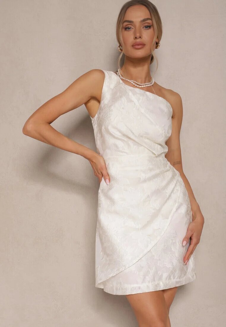 retro & icone Rochie Albă cu flori cu croi cambrat cu top asimetric pe un umăr Halavira