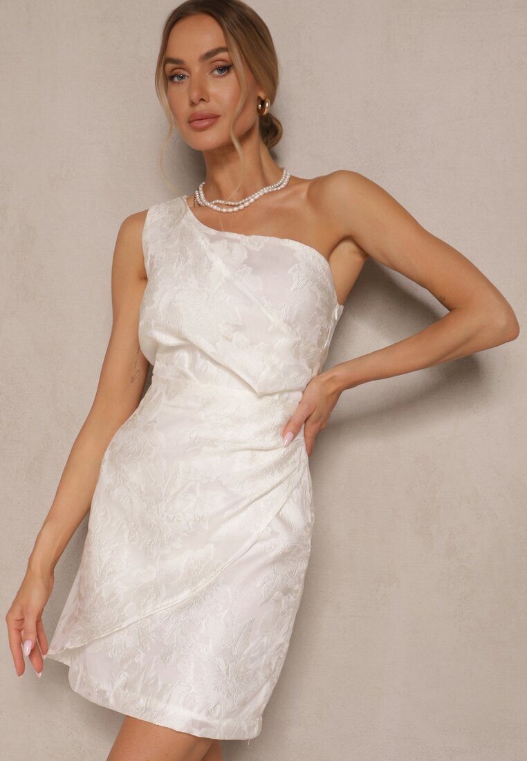 retro & icone Rochie Albă cu flori cu croi cambrat cu top asimetric pe un umăr Halavira