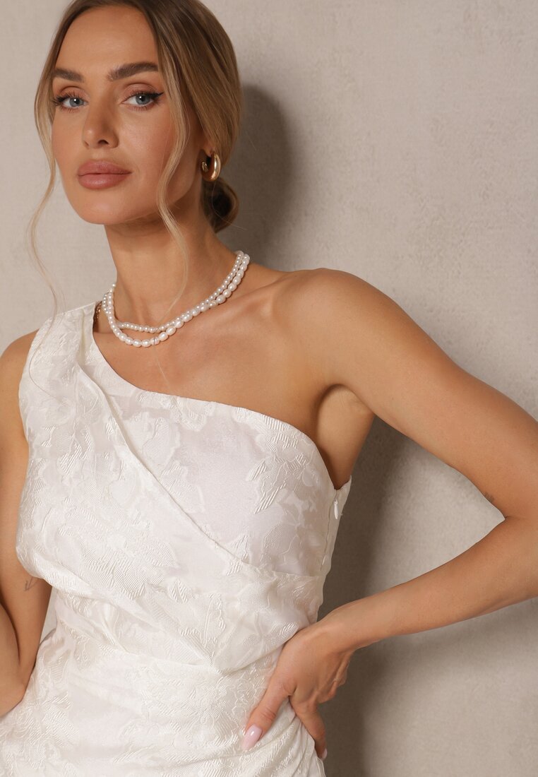 retro & icone Rochie Albă cu flori cu croi cambrat cu top asimetric pe un umăr Halavira