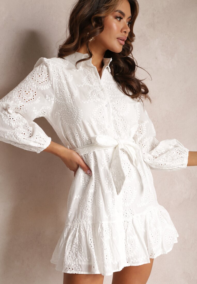 retro & icone Rochie Albă De Bumbac Brodată Tip Cămașă Baucia