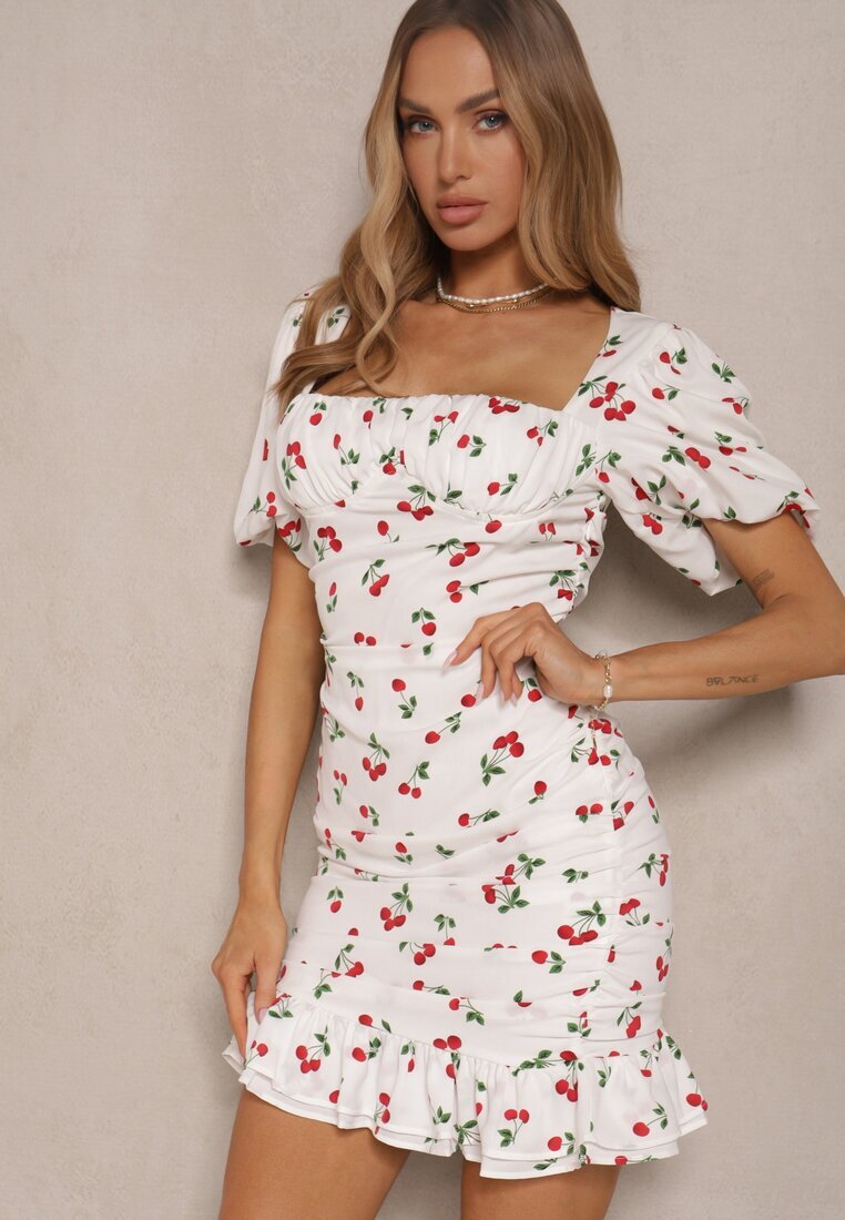 retro & icone Rochie Albă Decorată cu Imprimeu de Cireșe și Încrețituri Halethra